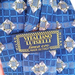Vintage Vitaliano Luiselli Vintage Blue and Gold Geometric Patterned Tie Men's